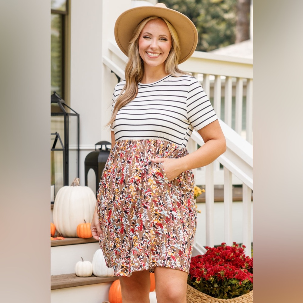 Chic Soul Striped Top with Floral Skirt Dress
